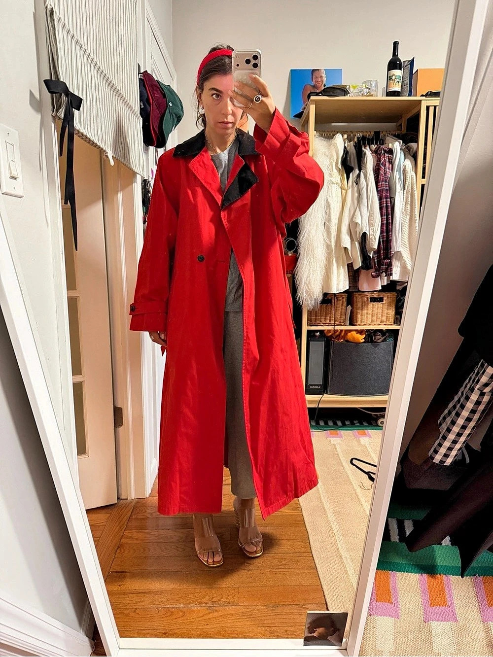 Vintage Red Trench Coat with brown corduroy collar,